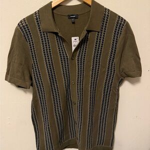 Olive & Navy Striped Short Sleeve Button Front sweater